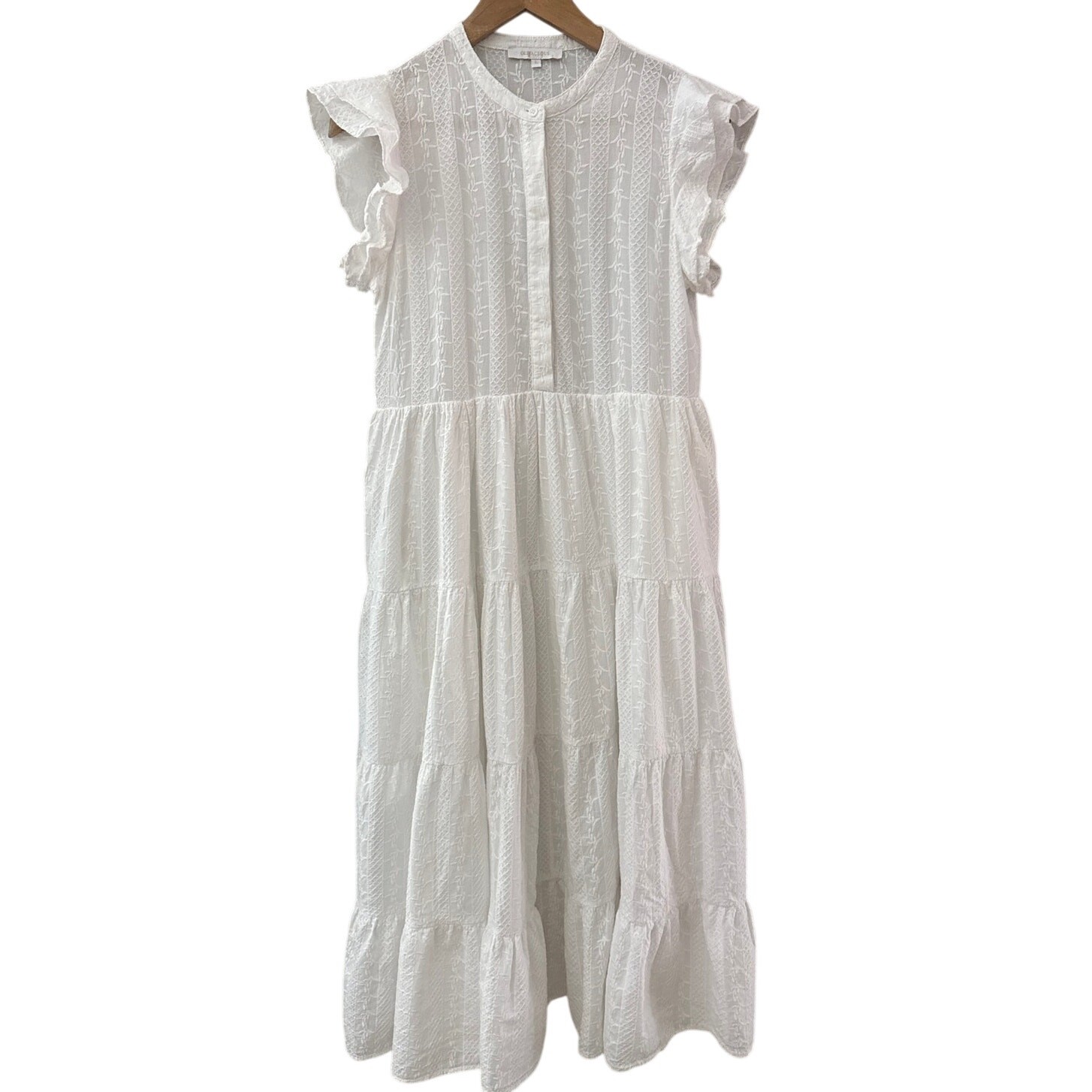Olivaceous Embroidered Flutter Sleeve Midi Dress White Pockets Size Large
