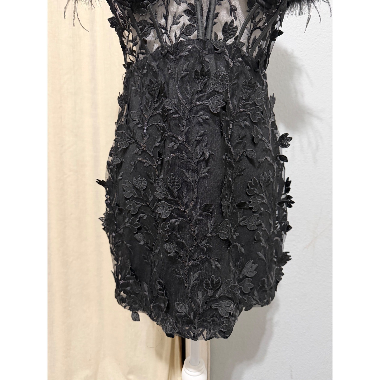 Goth Corset Mini Dress XL Black Sequin Embroidered Feather Off-the-Shoulder Glam