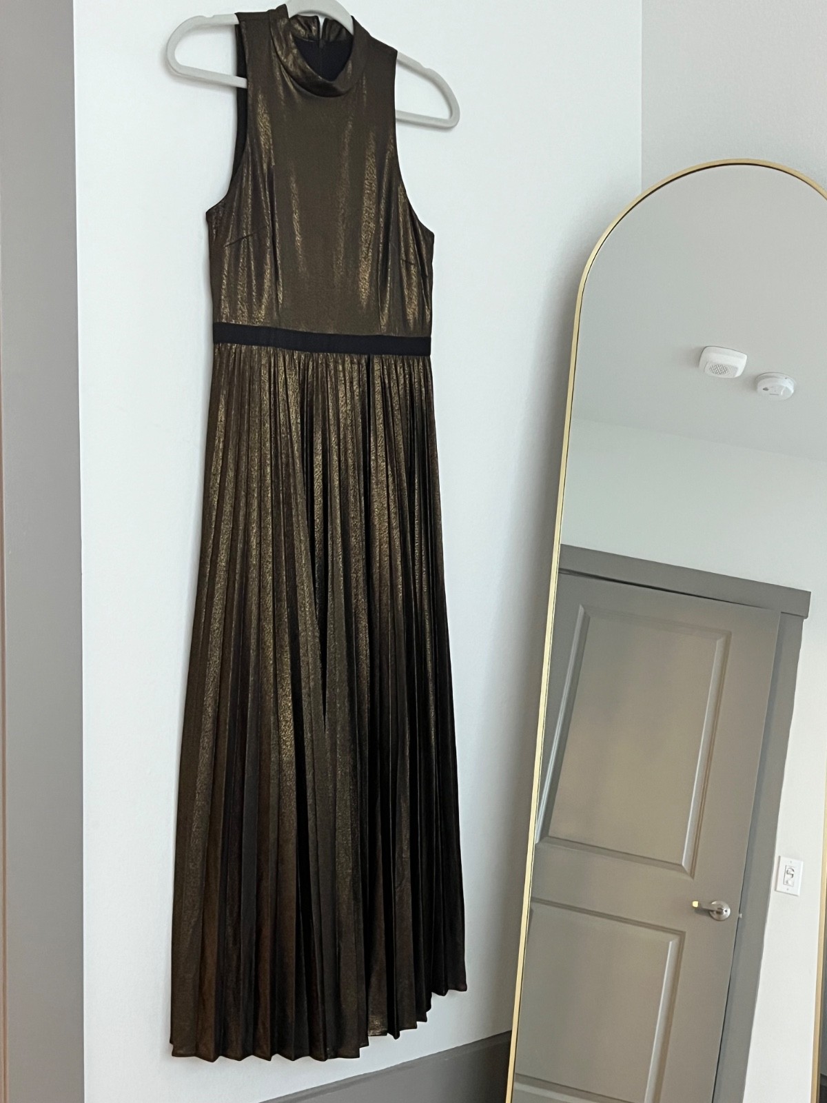 dresses for women party night elegant Donna Morgan Metallic Bronze Pleated Maxi