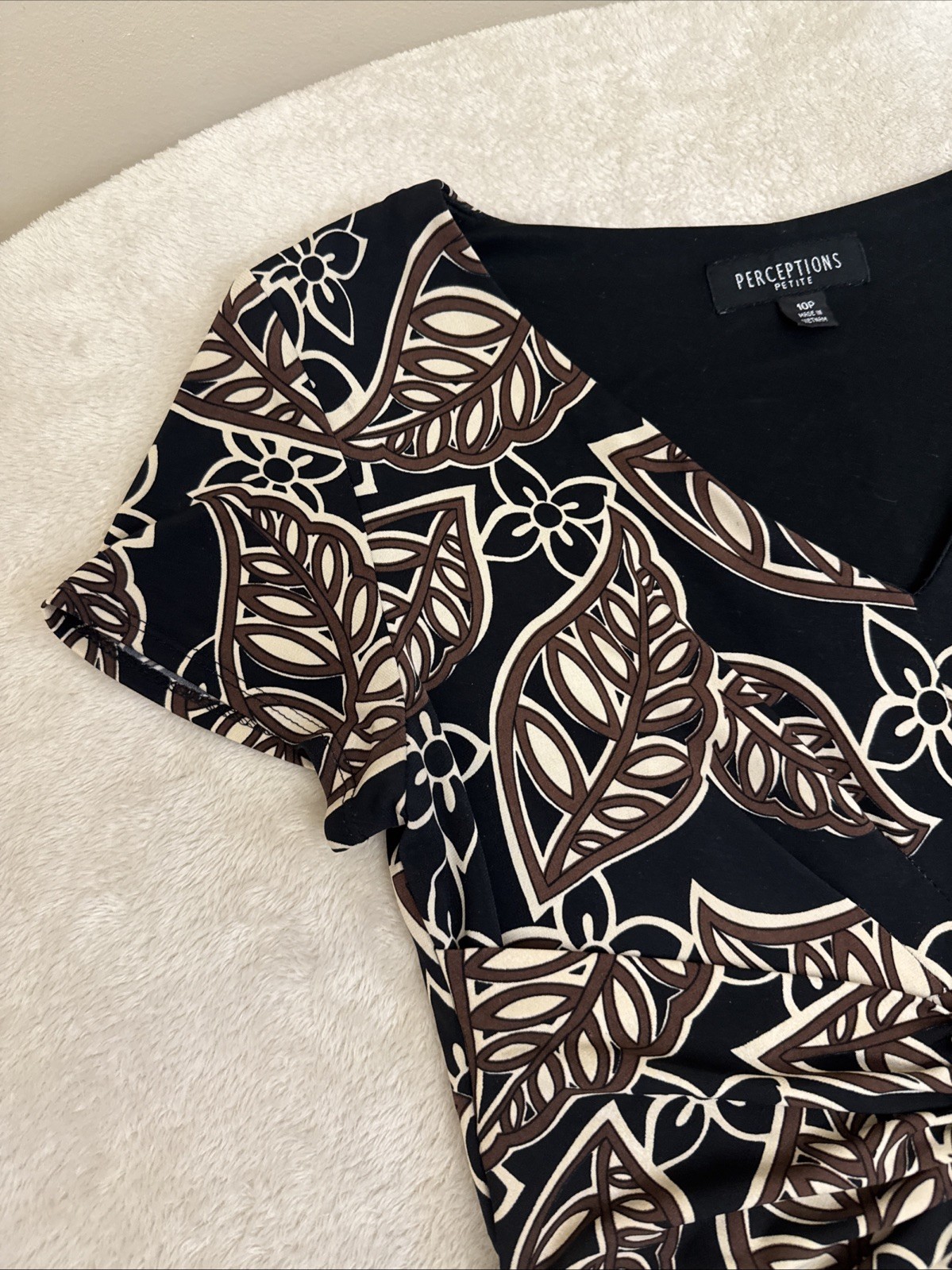 Perception Womens STRETCH Black Brown Beige Floral Fit & Flare Dress 10 Petite
