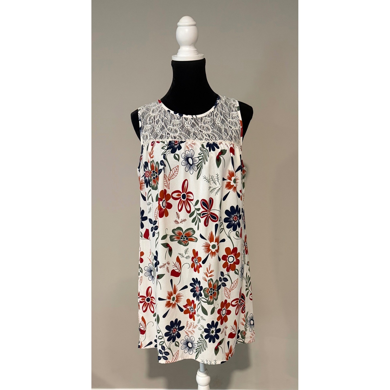 Womens Floral Swing Dress Sm Sleeveless Lace Yoke White Boho/Cottagecore Dress