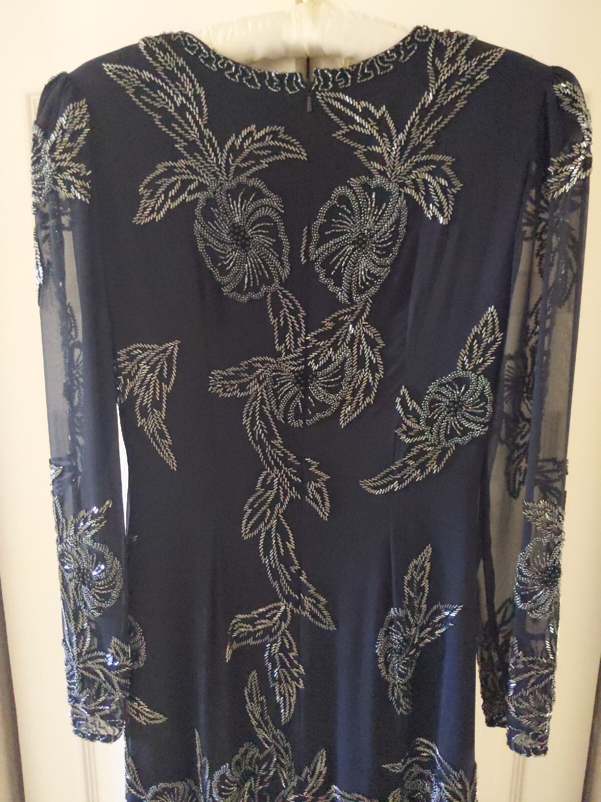 Creative Creations M black 100% silk hand beaded party flapper swing sheer flora