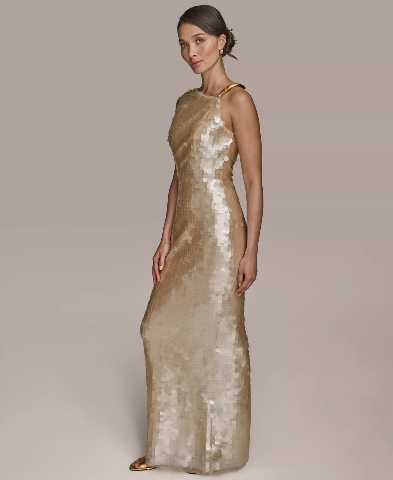 Donna Karan New York Champagne Sequin Sleeveless Evening Gown Size 12 $299