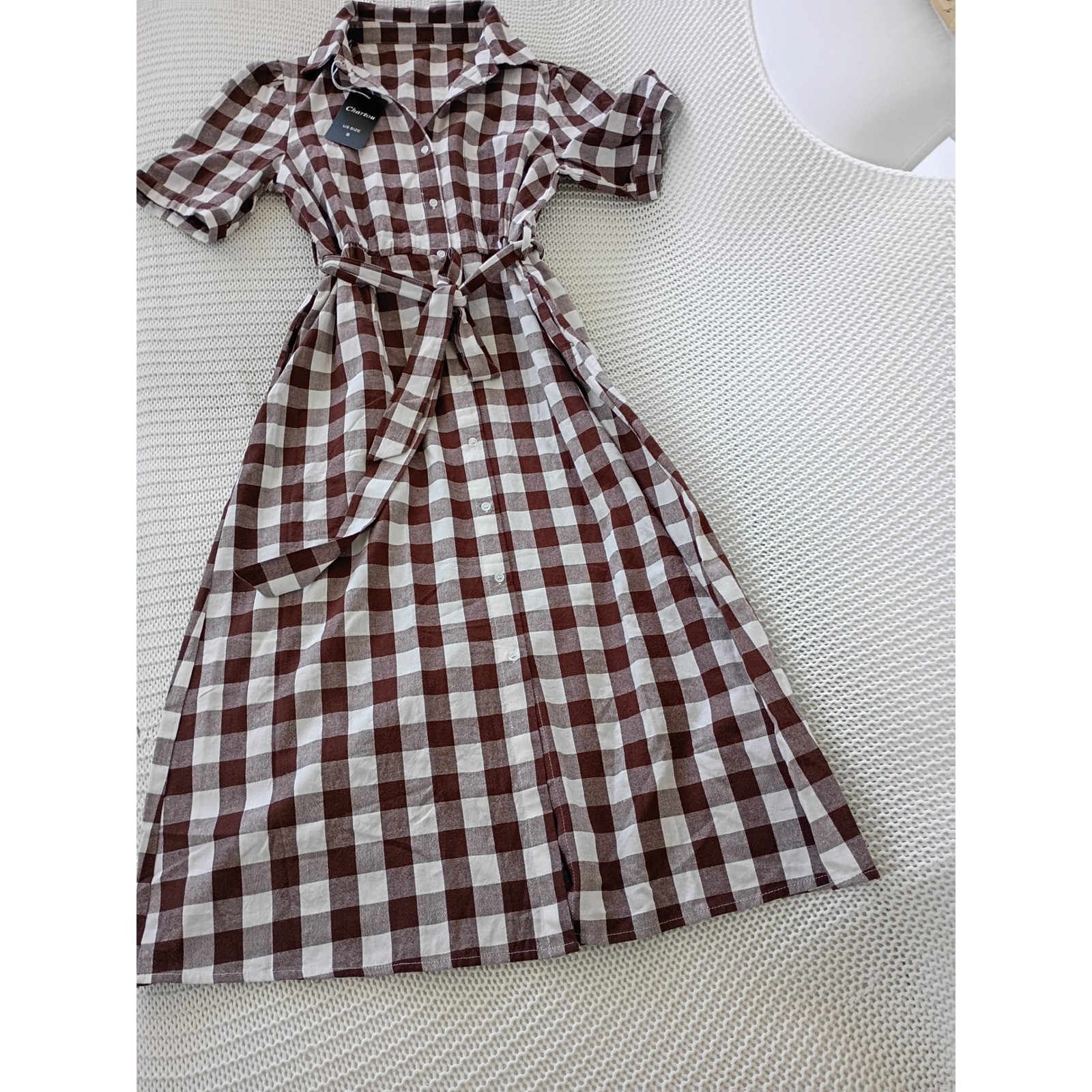 NWT Chartou Gingham Cottagecore Cotton Shirt Dress Midi Button Front Peasant S