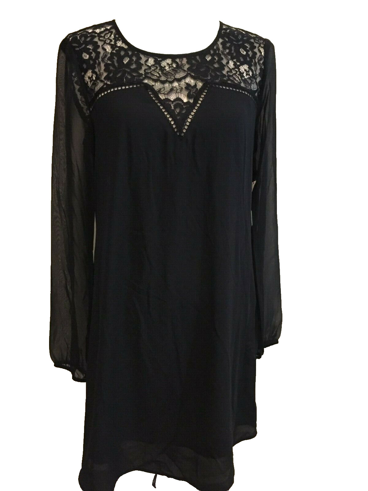 Decree Dress Medium Black lined Black Lace top Sheer sleeves tag $52, NWT