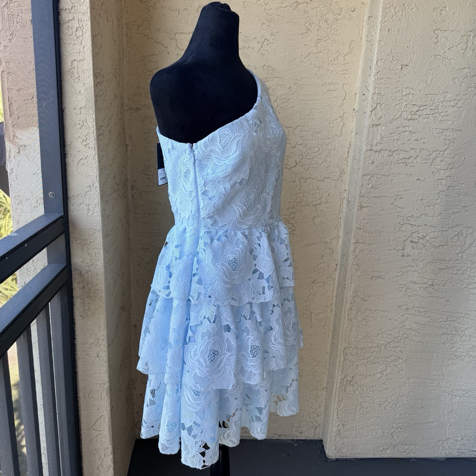NWT Layered With Love One Sleeve Dress Sz M in Blue Sky Lace Above Knee
