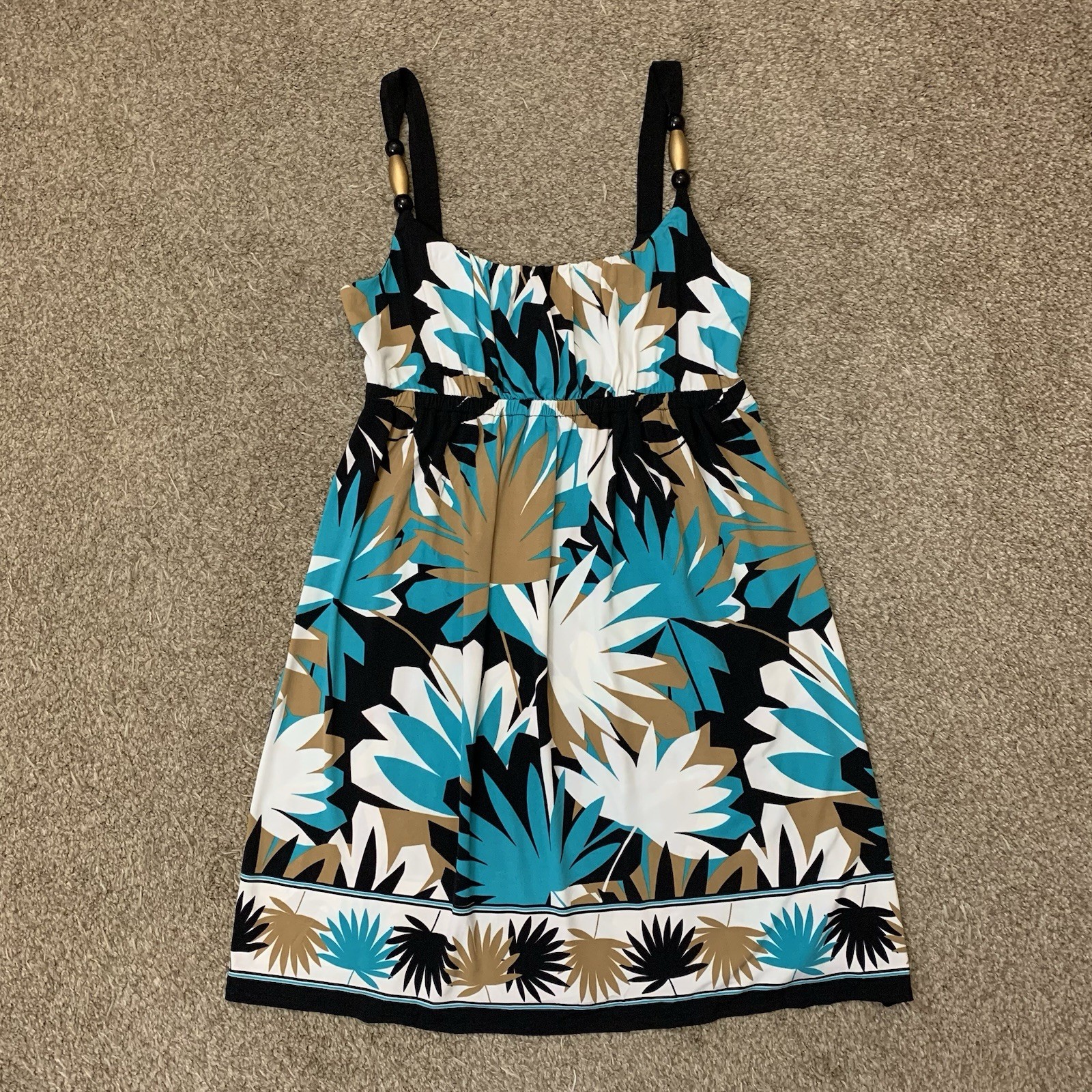 Maggy London Dress Womens 10 Blue Tan Stretch Beaded Straps Resort Wear Tropical