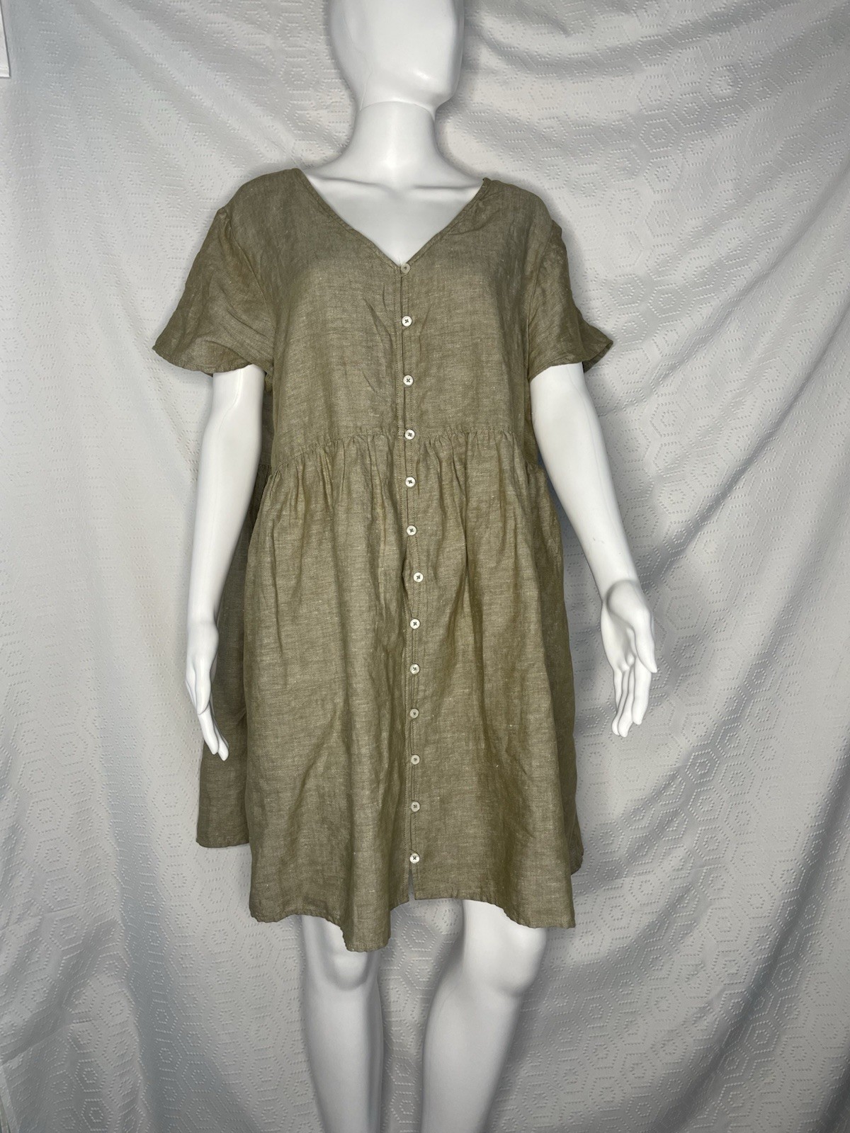 Madewell Linen Blend Alexandra Button Mini Dress XL Green Beige Short Sleeve