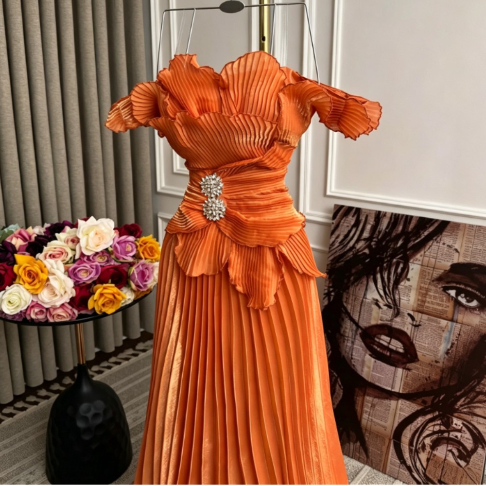 Customized Sparkle Pleat Sequined A-line Off-the-shoulder Long Dresses Occasion