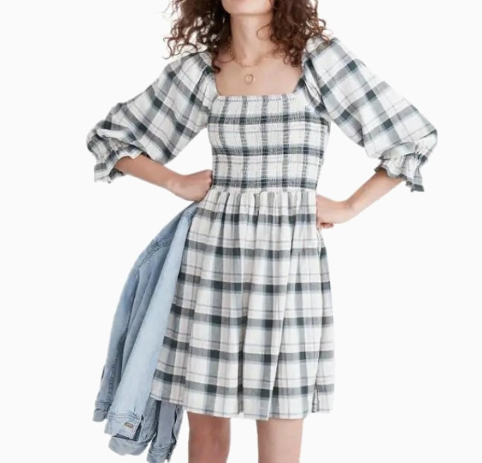 Madewell Women’s Dress Small Plaid 3/4 Sleeve “Lucie” Smocked Puff Sleeve Mini