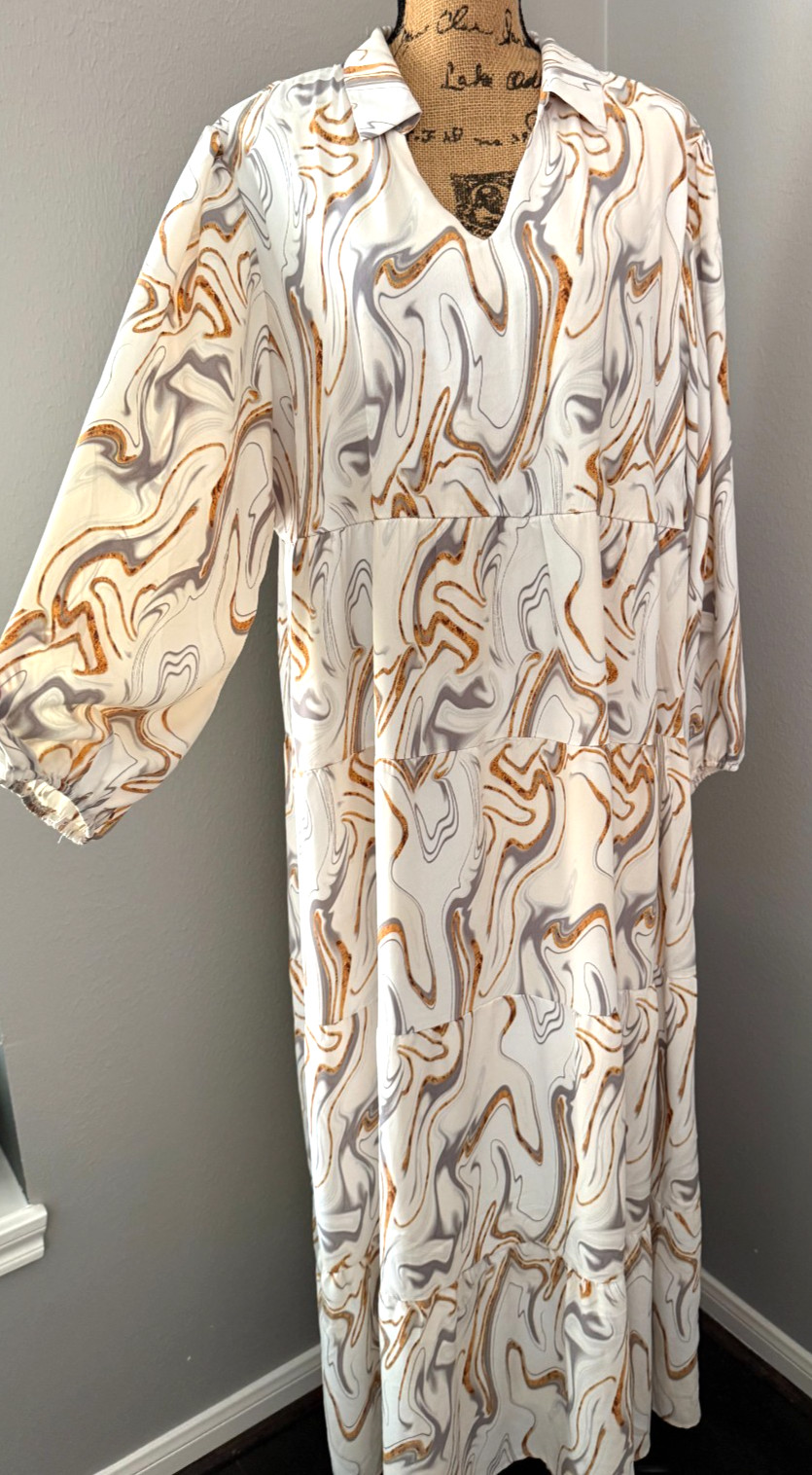 Cal Style Tiered Maxi Dress Long Sleeve V-Neck Ivory Swirl Cottage Lined 2XL
