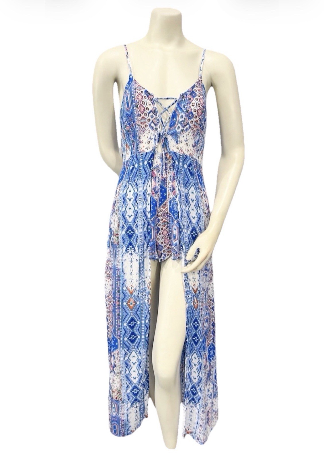 Luxxel High Low Romper Dress Medium Blue Boho Lace Up Maxi Overlay Festival M