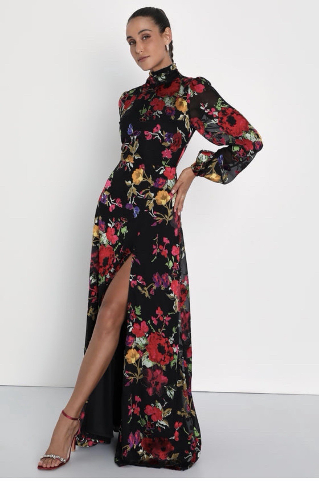Lulus Floral Backless Maxi Dress L Mock Neck Long Sleeve Wedding Guest Formal