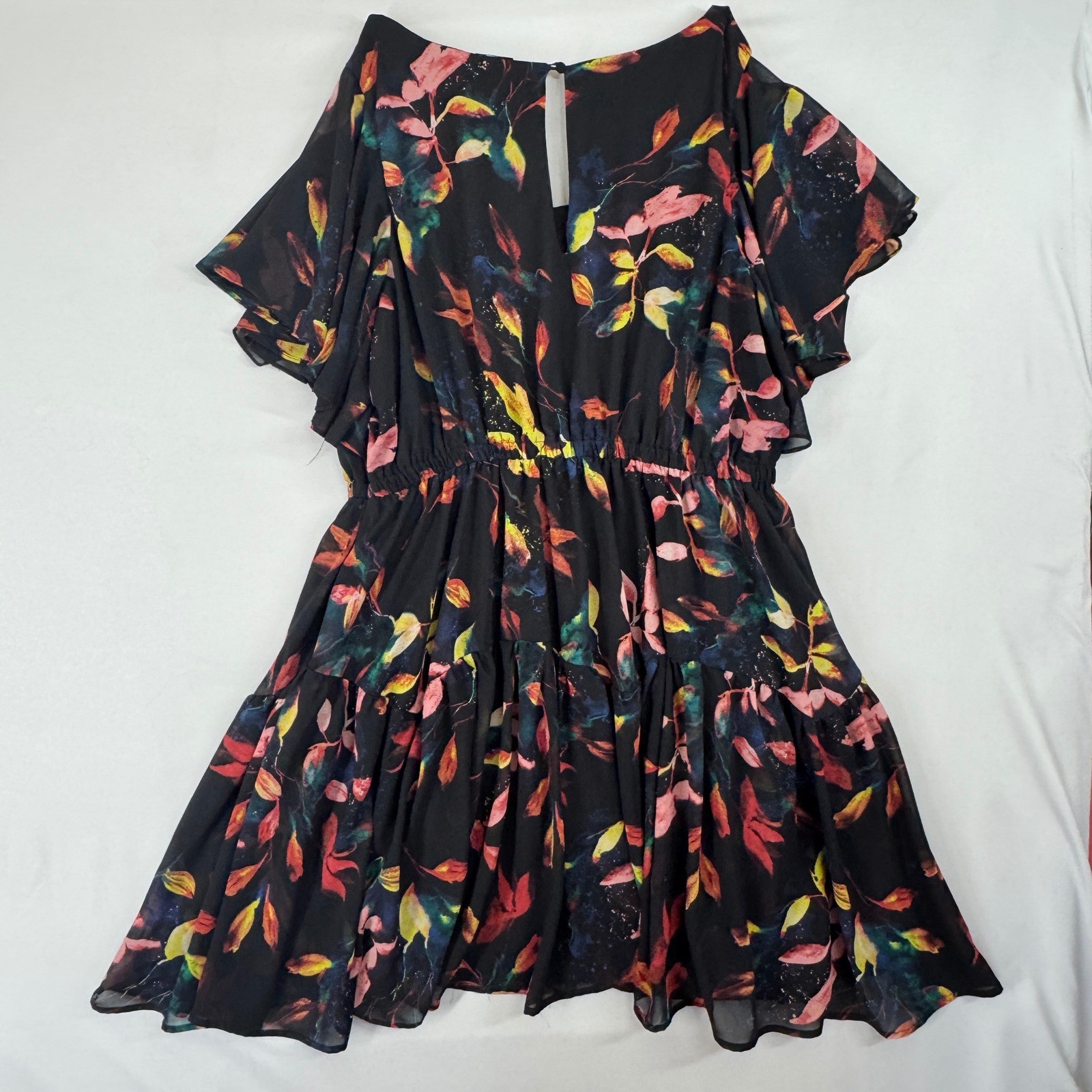 Torrid Womens Plus Size 4 Leaf Print Chiffon Flutter Sleeve Tiered Mini Dress
