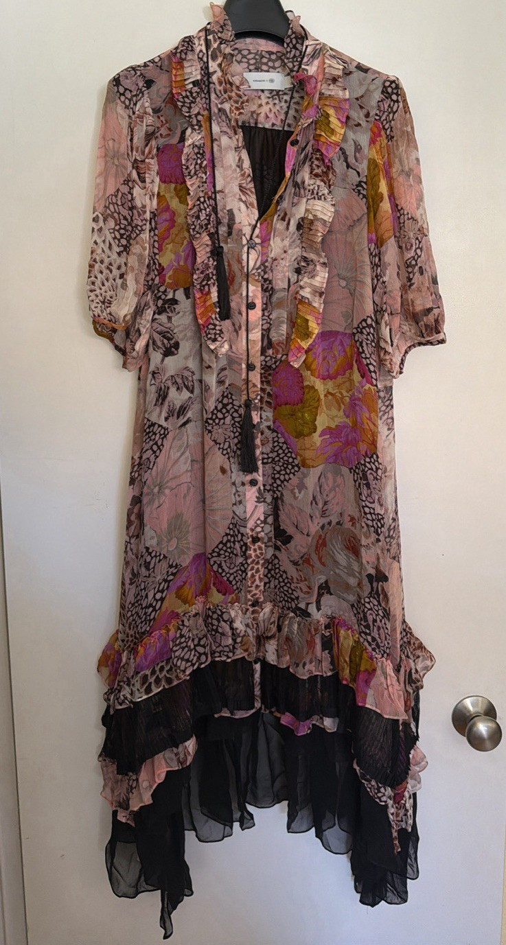 Coach x Kaffe Beige Animal Print Silk Tent Midi Dress Collared 3/4 Sleeve 4