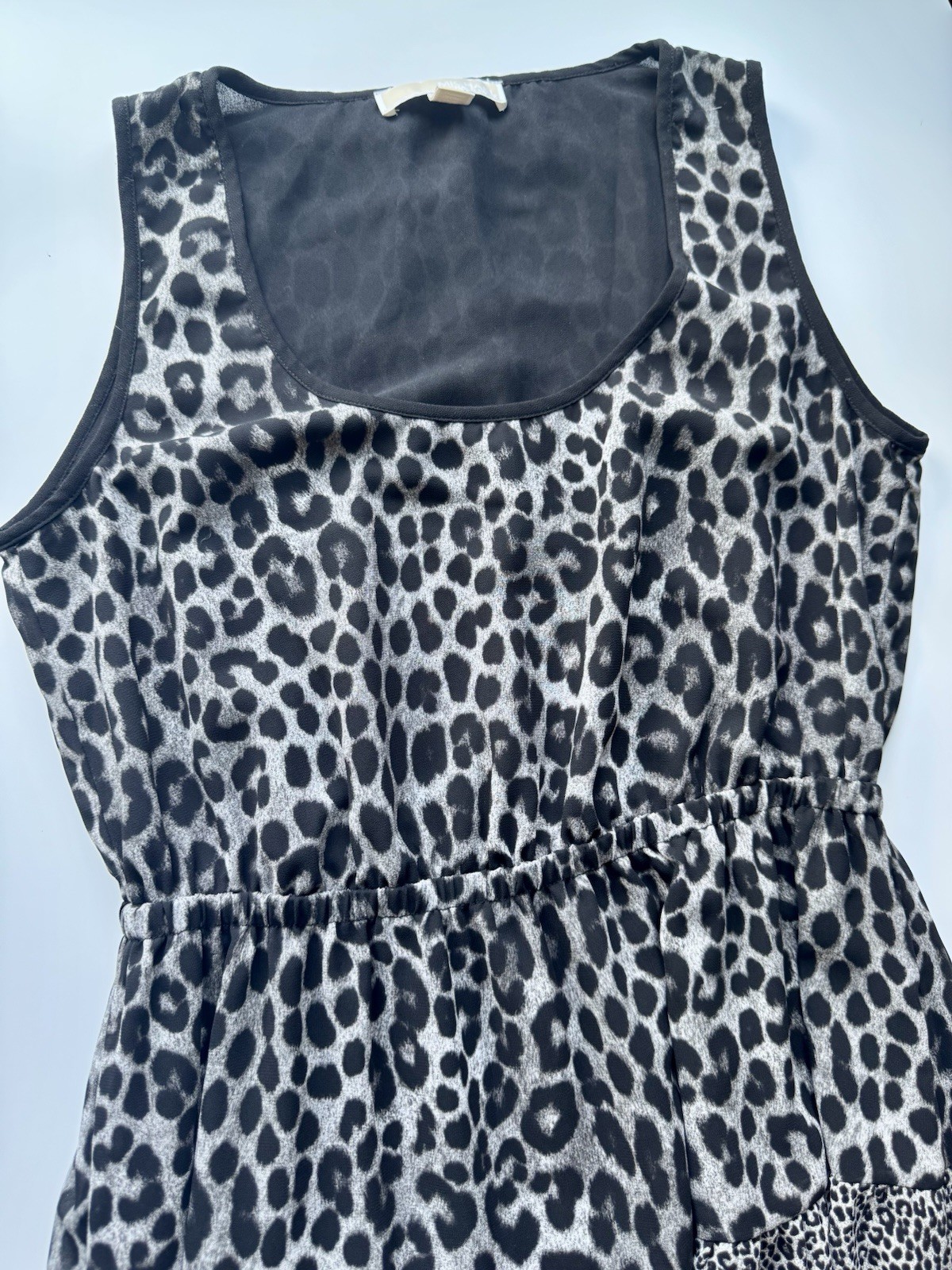 Michael Michael Kors Black Gray Leopard Knit Ruffle Elastic Waist Midi Dress S