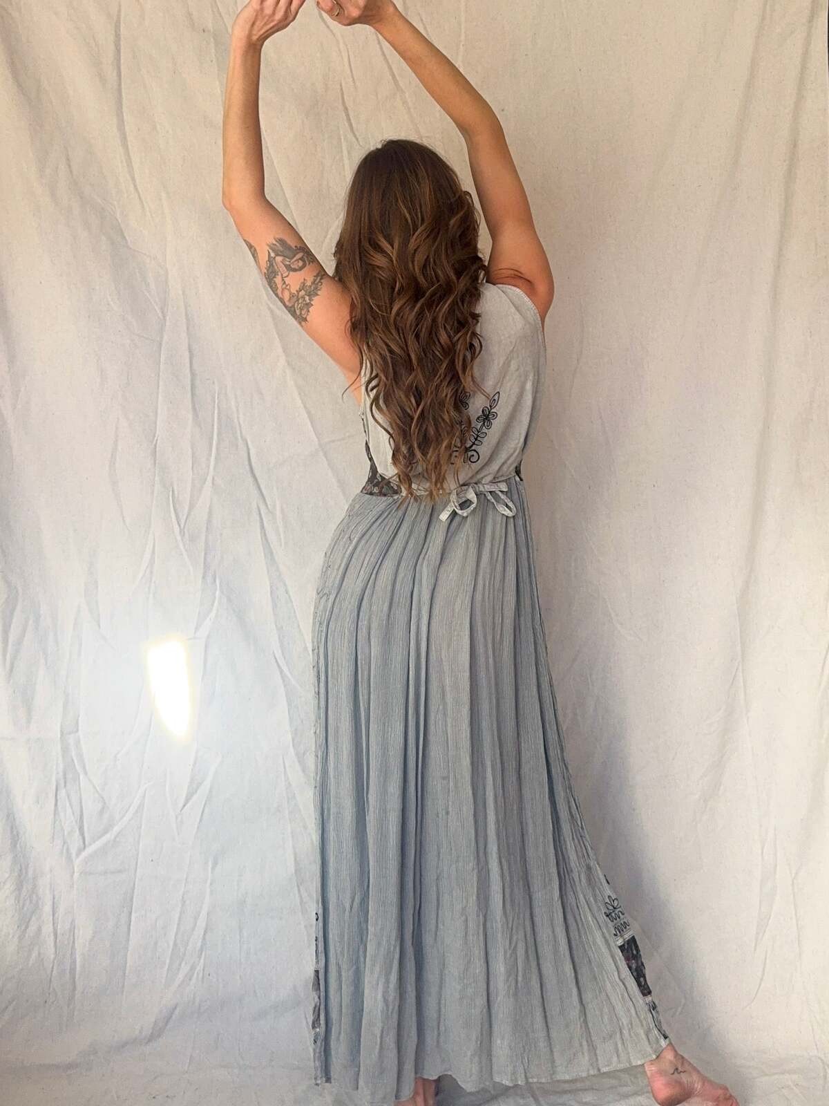90s Grey Patchwork Whimsigoth Embroidered Fairy Maxi Dress