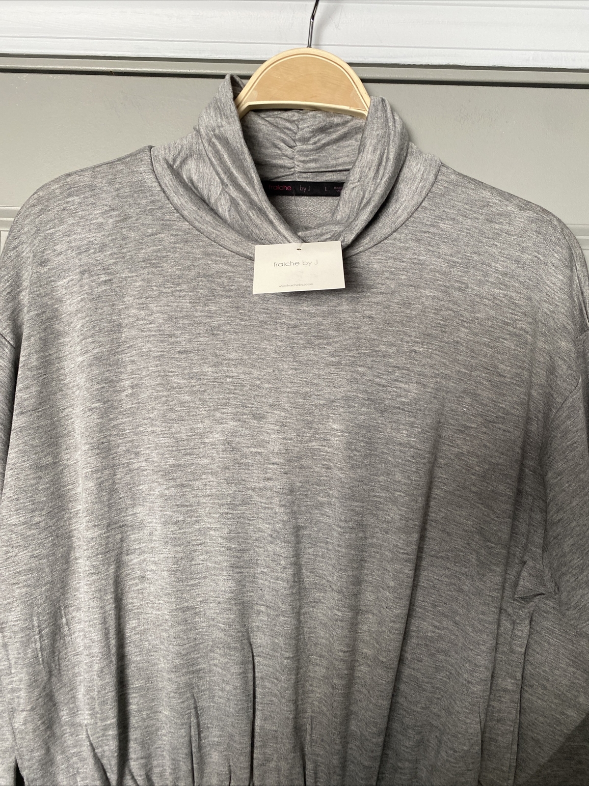Fraiche By J Ruched Long Sleeve Mock Neck Jersey Dress in Gray Size Large $88