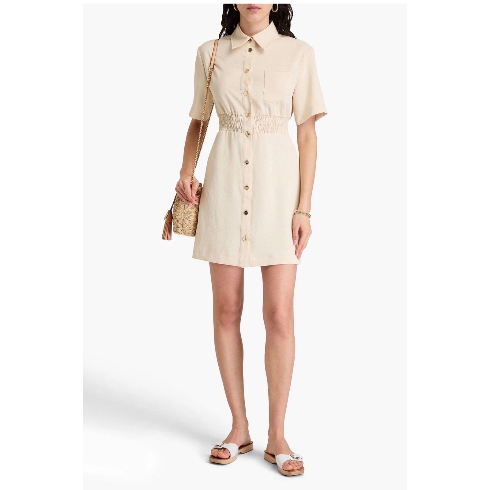 Sandro Paris Smocked Waist Button Down Shirt Dress Cream SFPRO03597 Size 38 F