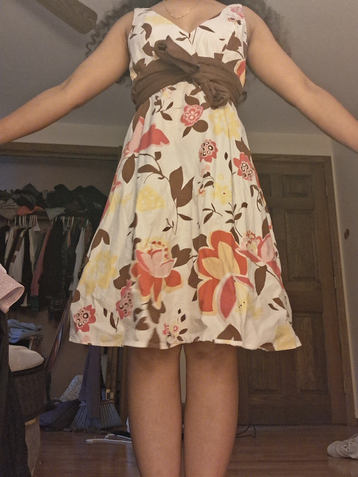 B. Smart Floral V-Neck Sleeveless A-Line Knee Dress w/ Sash, Size 8