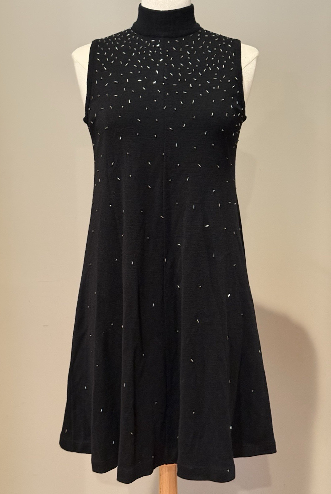 Liz Claiborne Mock Turtleneck Beaded Swing Sweater Dress-Black Knit-Lined-Size-M