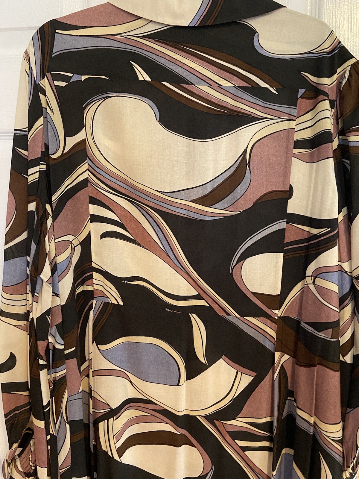 EUC 22W (6XL) Rixo Madison Maxi Shirtdress in Mauve/Blue/Brown Swirl Pattern