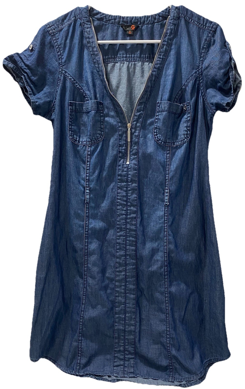 G By Guess Lightweight Chambray Denim 1/4 Zip Short Sleeve Dress Roll Sleeves