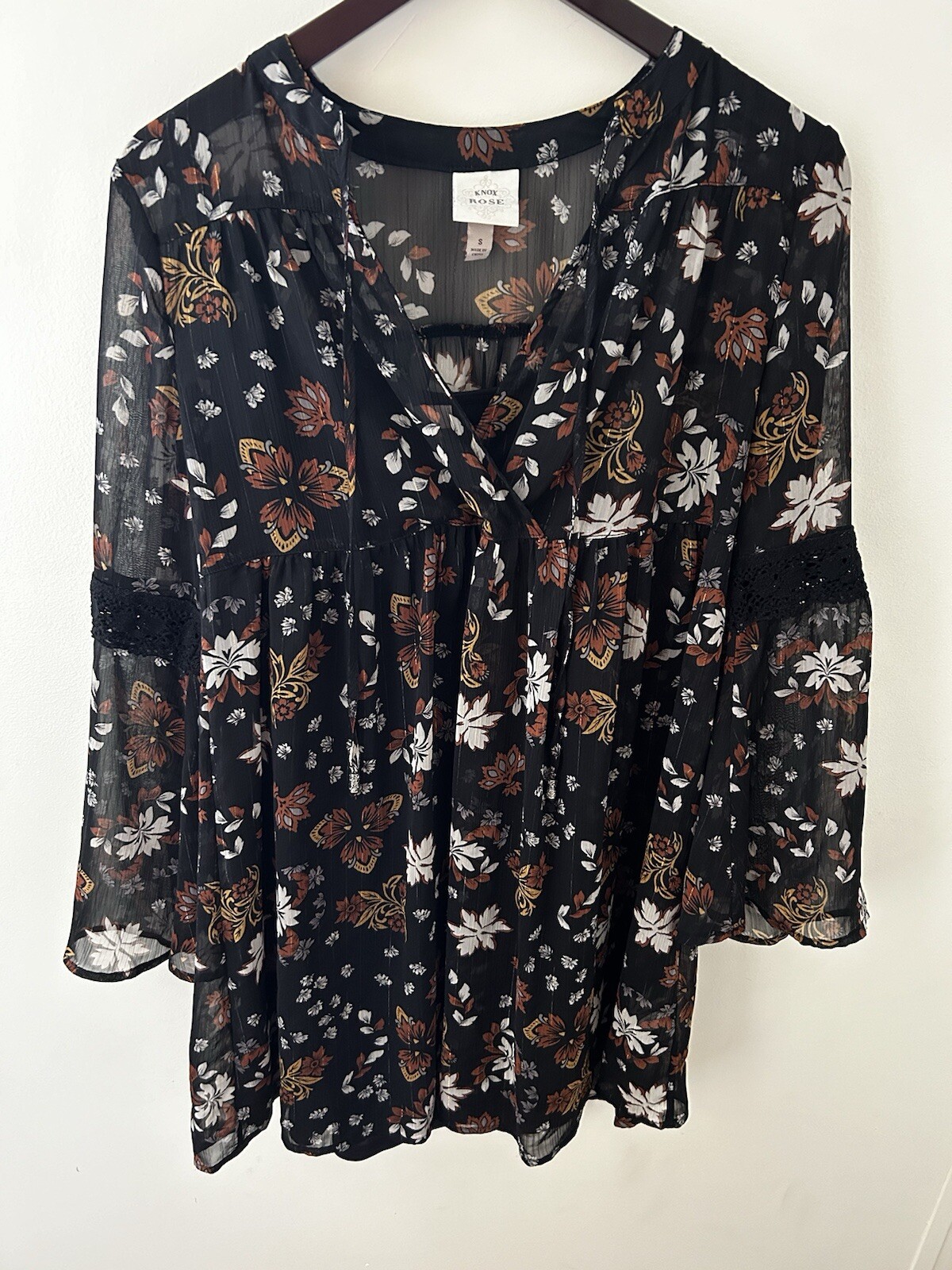 Knox Rose Boutique Small Black Floral Tunic Mini Dress Boho Peasant Sheer Flowy