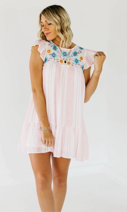 Anthropologie Perch By Blu Pepper Womens Striped Large Dress Floral Embroidery