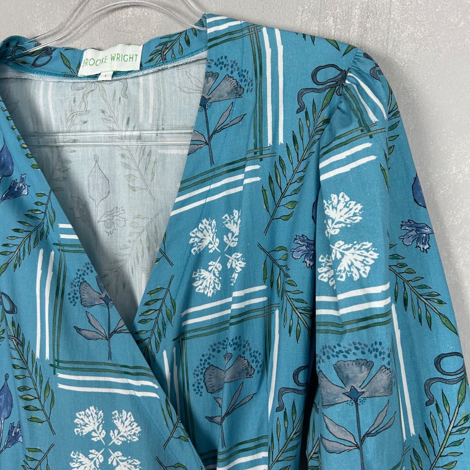 Brooke Wright size L Kitty midi wrap dress blue botanical floral linen cotton