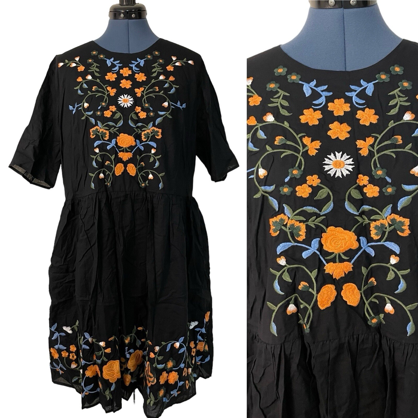 NWT Roolee Black Orange Blue Floral Embroidered Short Sleeve Babydoll Dress XXL
