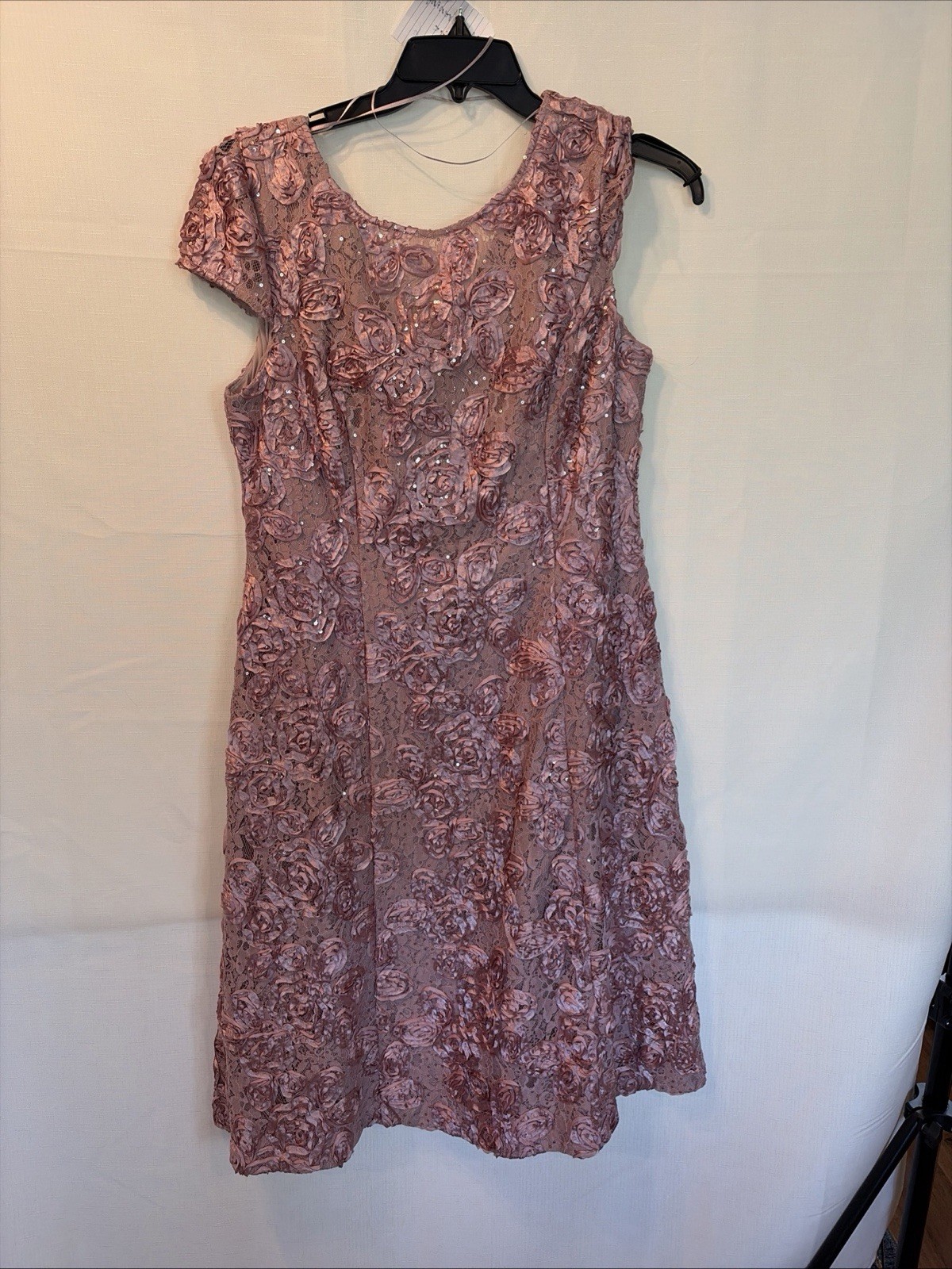 Alex Evenings pink Embellished Midi Gown with sequin rosettes.