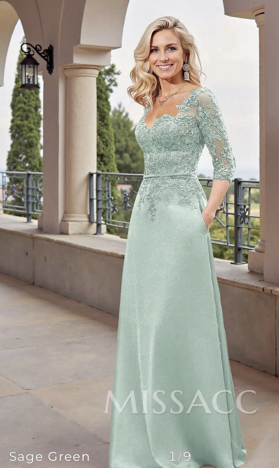 MISSACC Green A-Line Long Dress V-Neck 3/4 Sleeve Lace Satin Zip Size 12