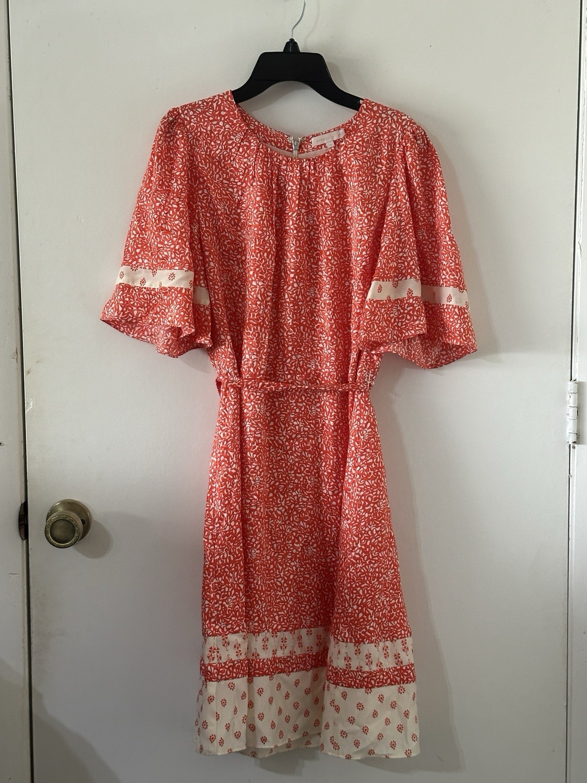 Rebecca Taylor Silk Blend Floral Print Dress Sz 6 Coral White Belt Short Sleeve