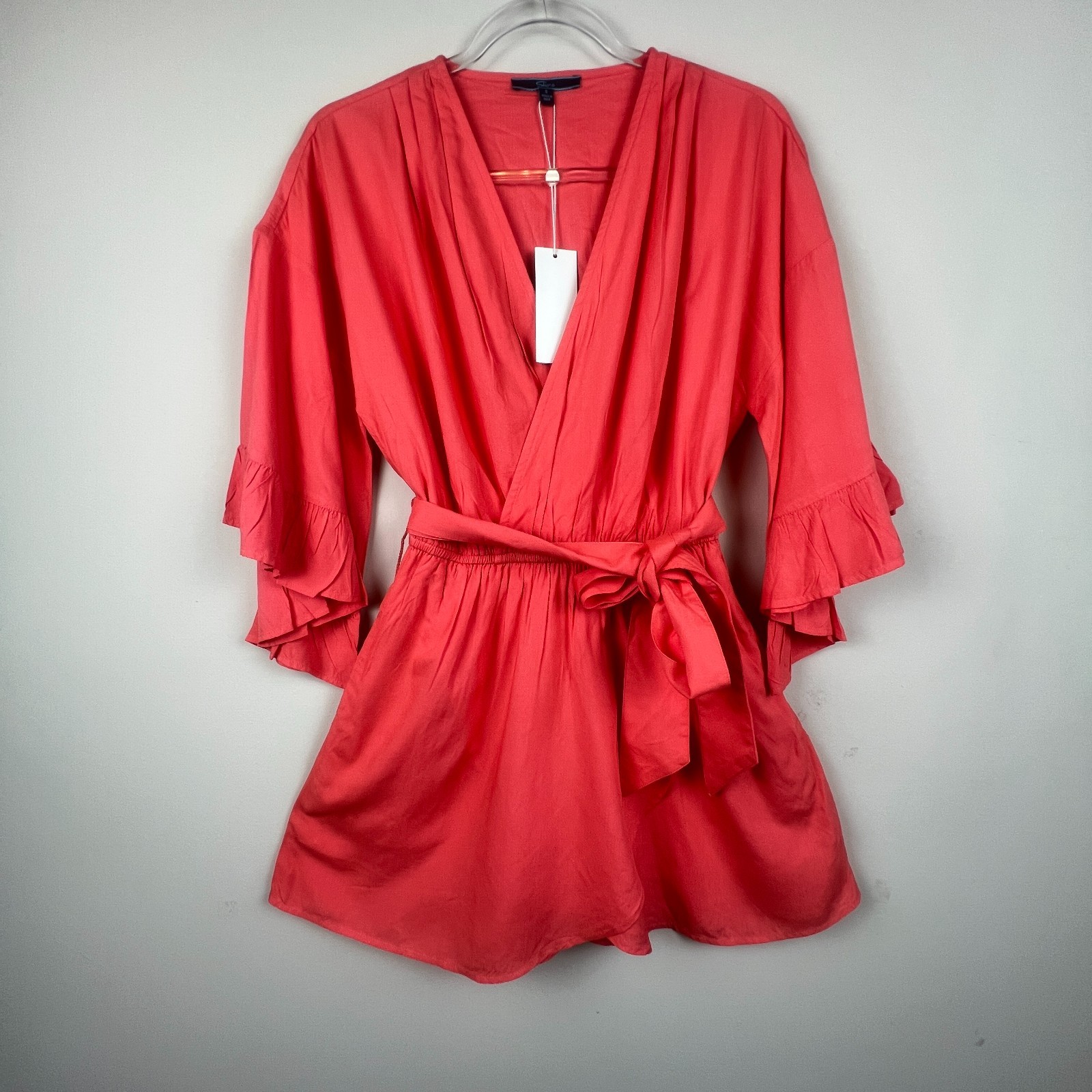 Shore Light Coral Peach Faux Wrap Mini Dress Tie Waist Ruffle Sleeve Pockets