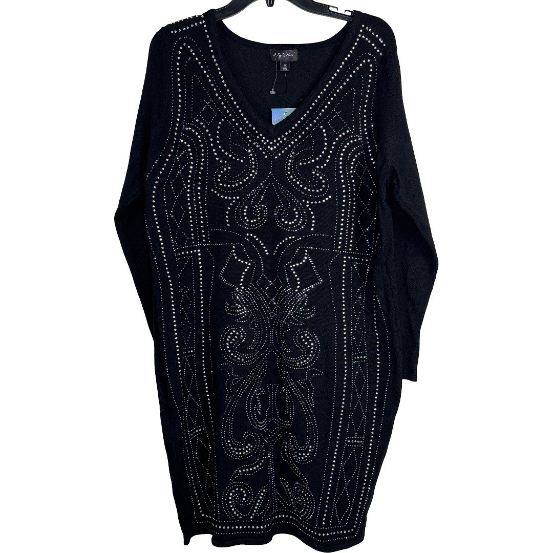 Say What Womens 2X Black Rhinestone Embellished V-Neck Sweater Dress Tunic NEW