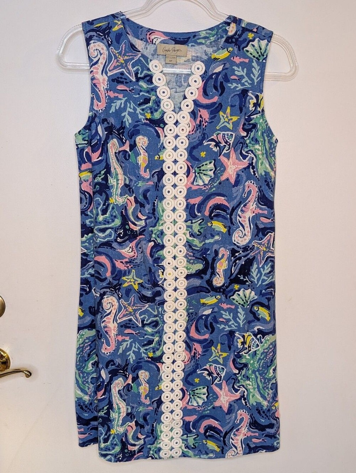 Charlie Paige Blue Multicolor Shift Dress Seahorse Starfish Fish Ocean Print