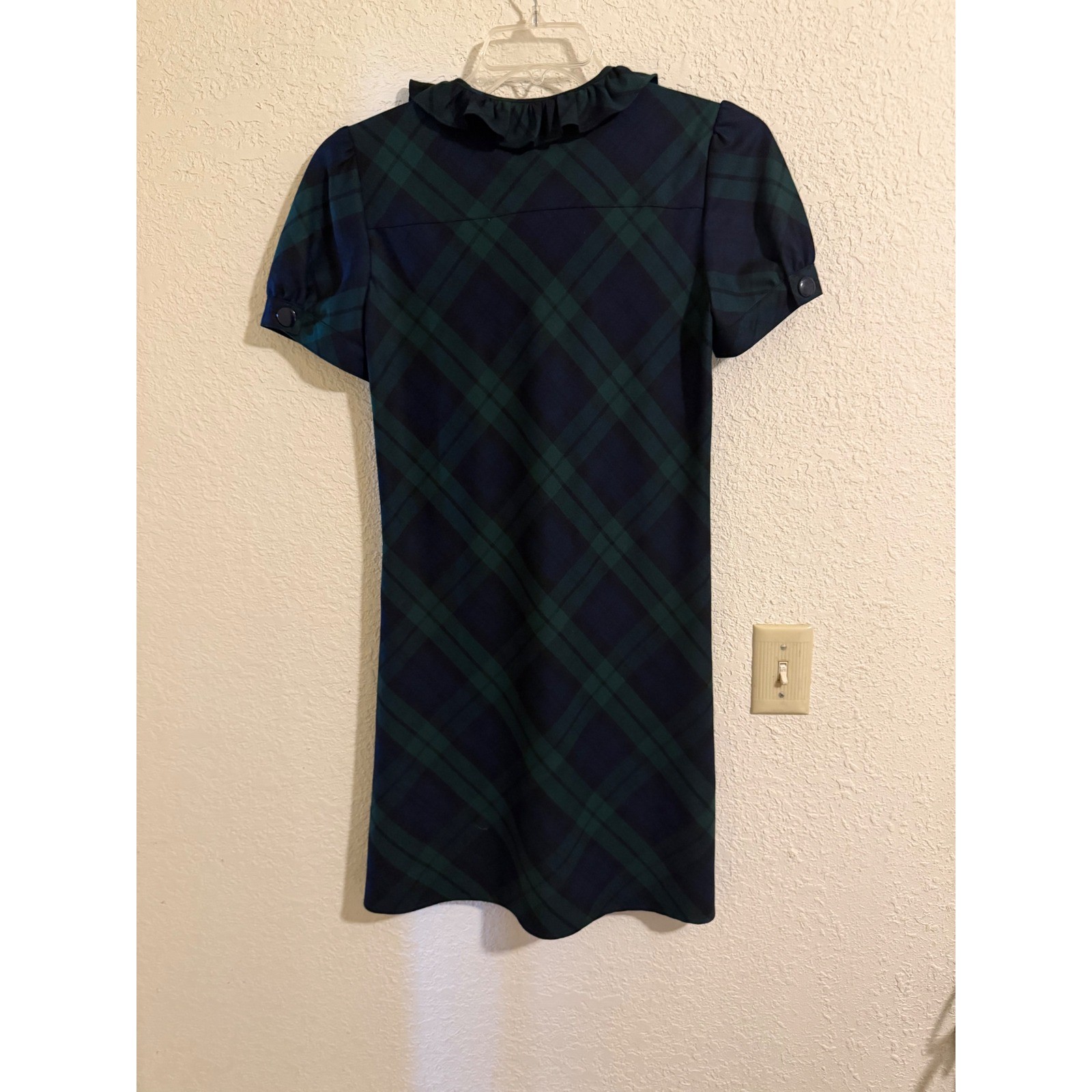 J.Crew Black Watch Plaid Wool Blend Ruffle Neck Shift Dress Blue Green 4