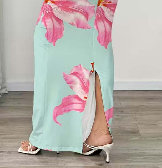 NEW Medium Elegant Sleveless Ruched Mint Green Maxi Dress w Pink & White Flowers