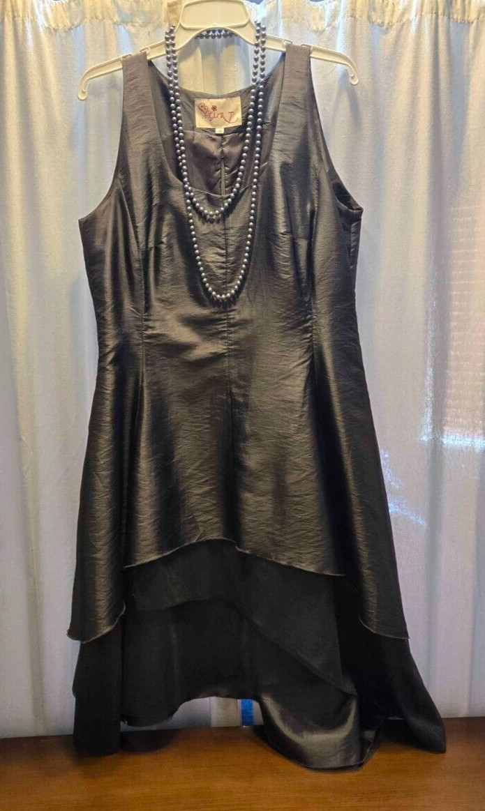 Heart Grey Satin Evening Gown, Glossy Tulle, Scalloped Skirt (beads included)