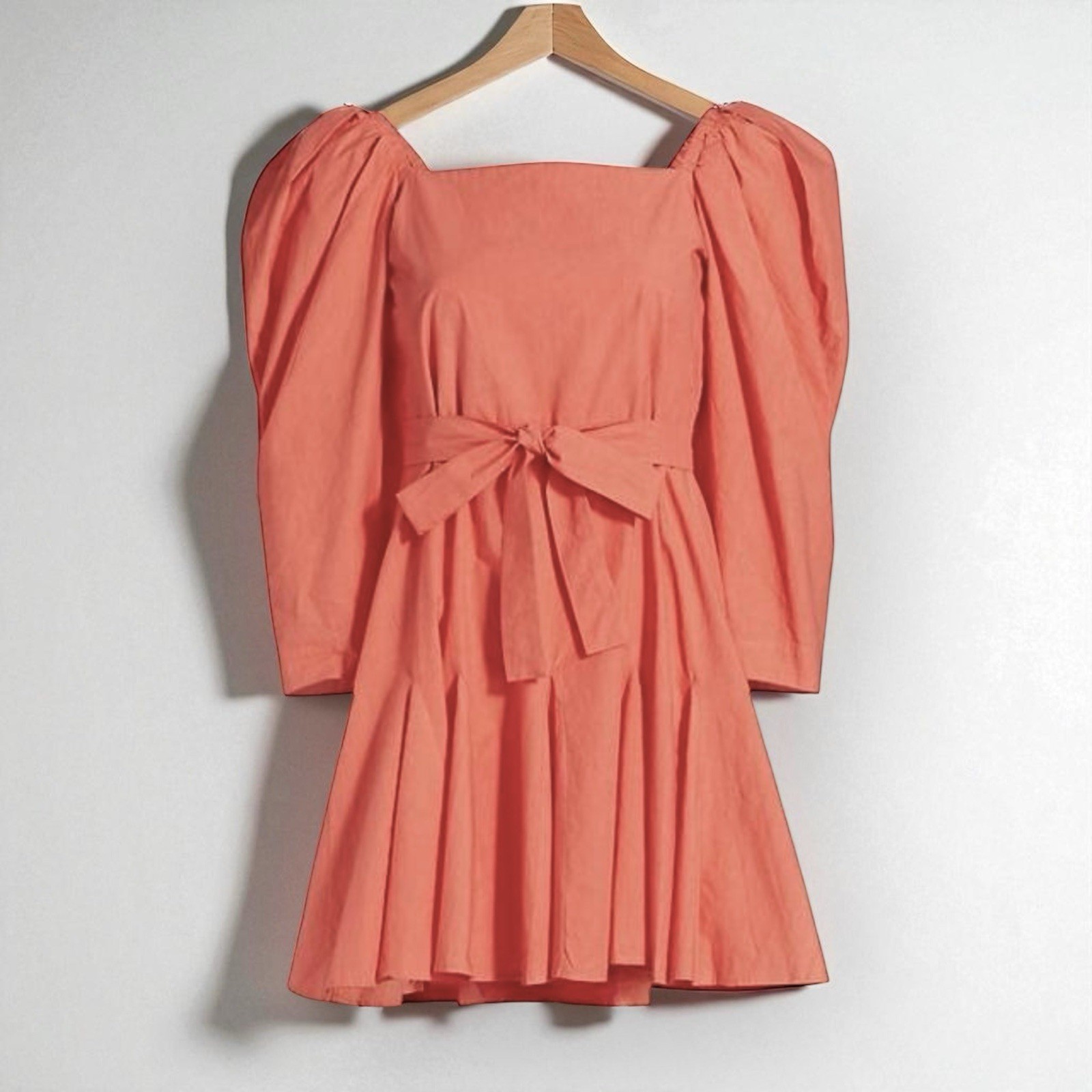 New Mille Resort Anais Pleated Cotton Mini Dress XS in Melon Belted Half Sleeve