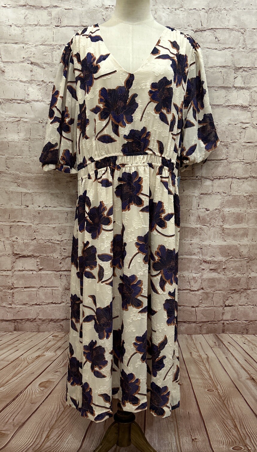 DRAPER JAMES RSVP Womens Jacquard Woven Midi Dress Floral Ivory Navy Size 1X NEW