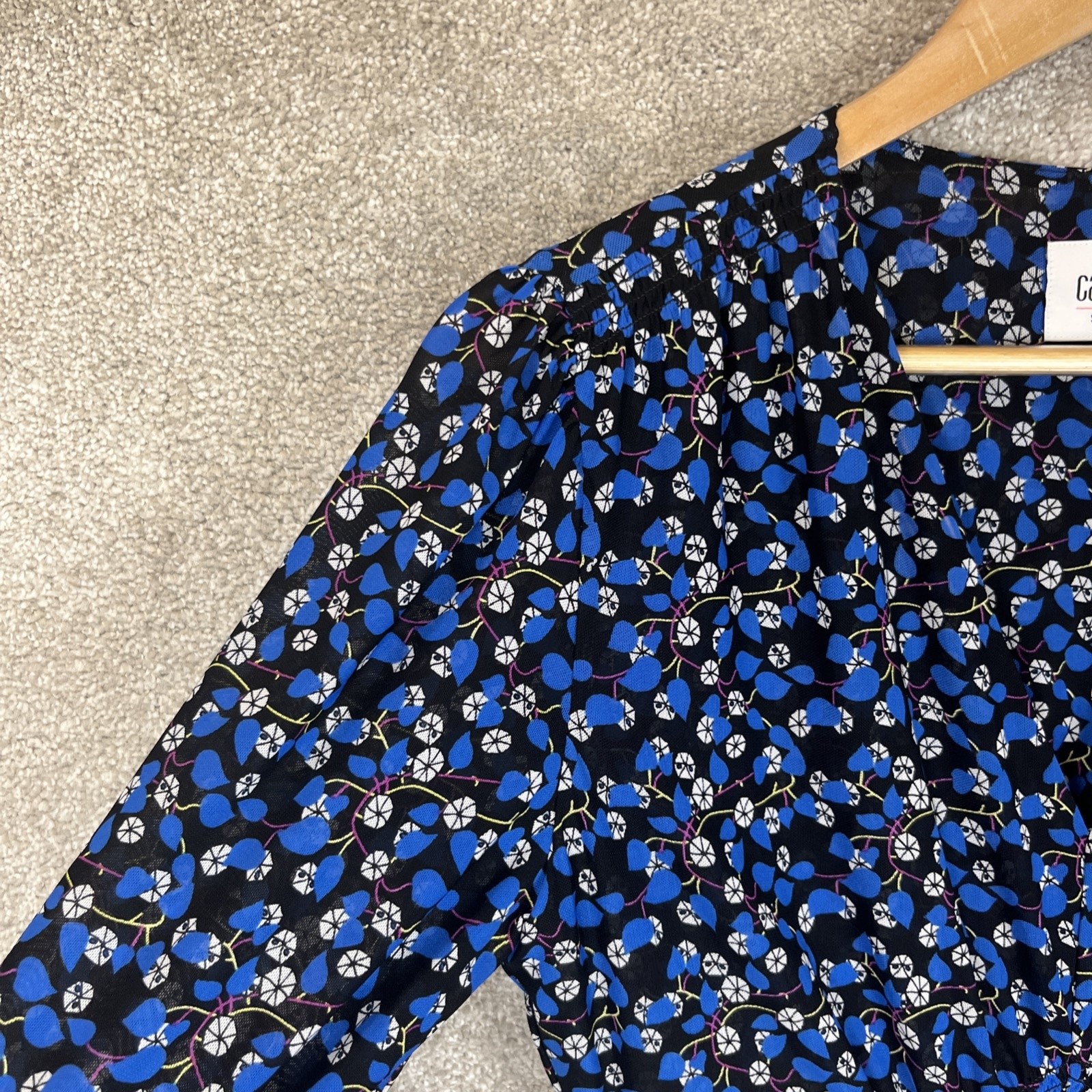 Cabi Dress Womens Small Blue Black Floral Long Sleeve Ruched Boho Fall- 3591