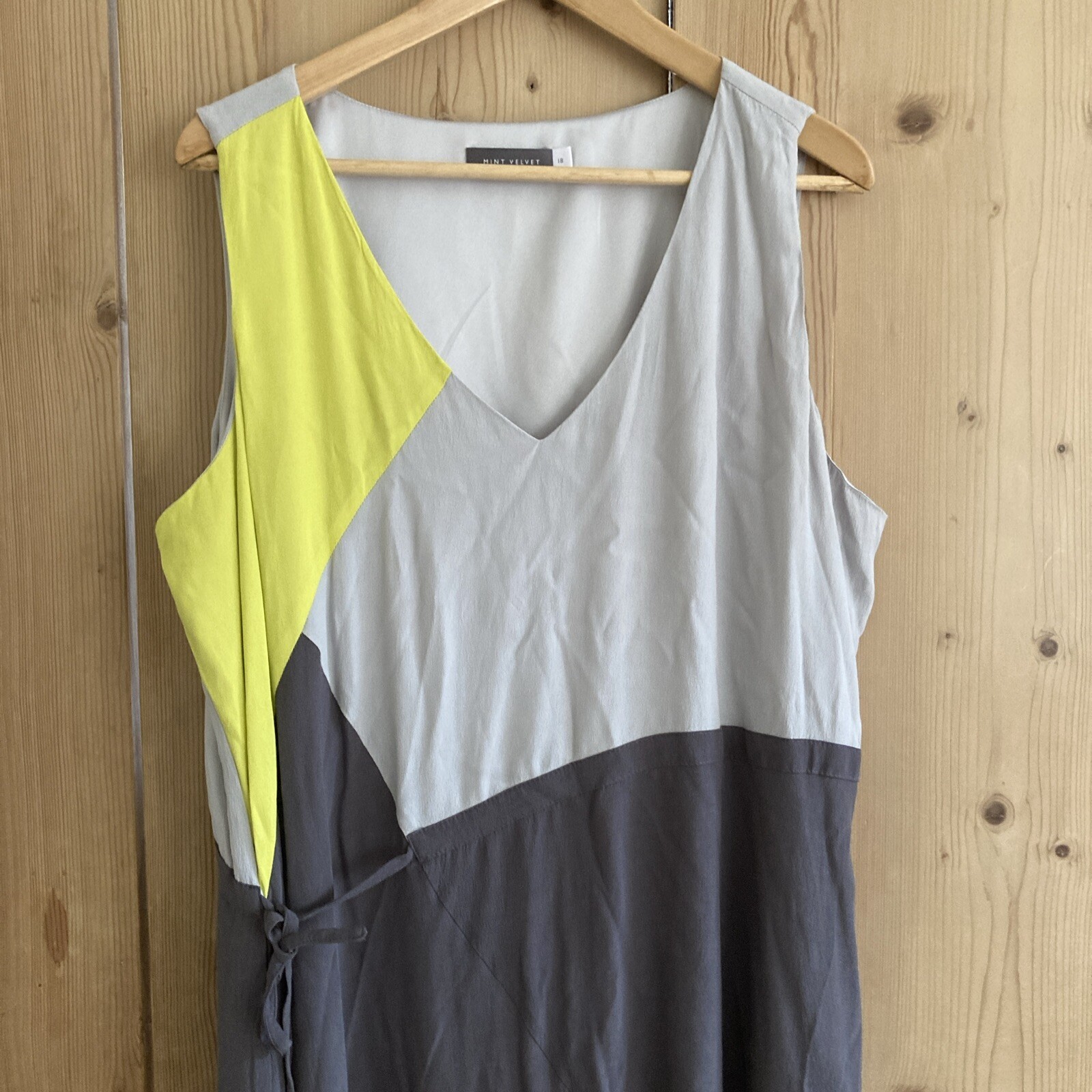 Mint Velvet grey yellow colourblock midi dress UK18 v-neck sleeveless, lined