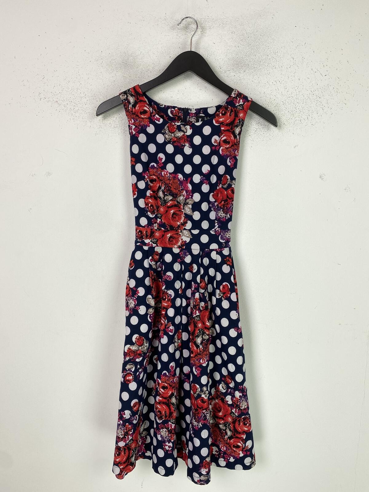 Izabel London Navy Red Polka Dot Floral Knee Length Sleeveless Skater Dress UK 8