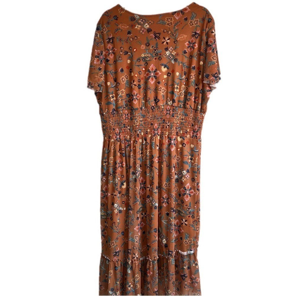 Canyon Retreat Mesh Cottagecore Modest Flutter Sleeve Dress Copper XL Floral