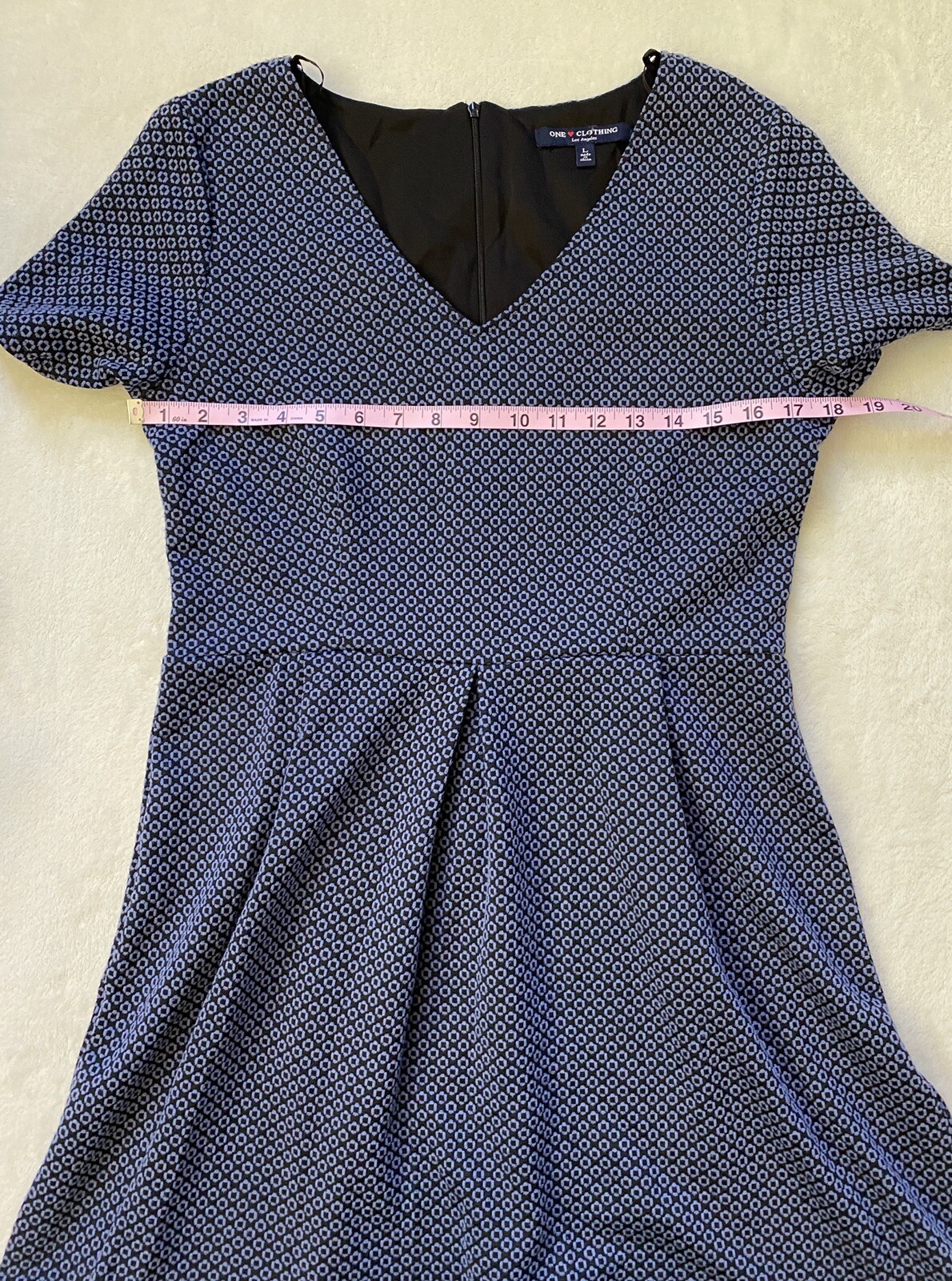 One Love Clothing Blue Black Patterned V-Neck Short Sleeve Dress Juniors Large