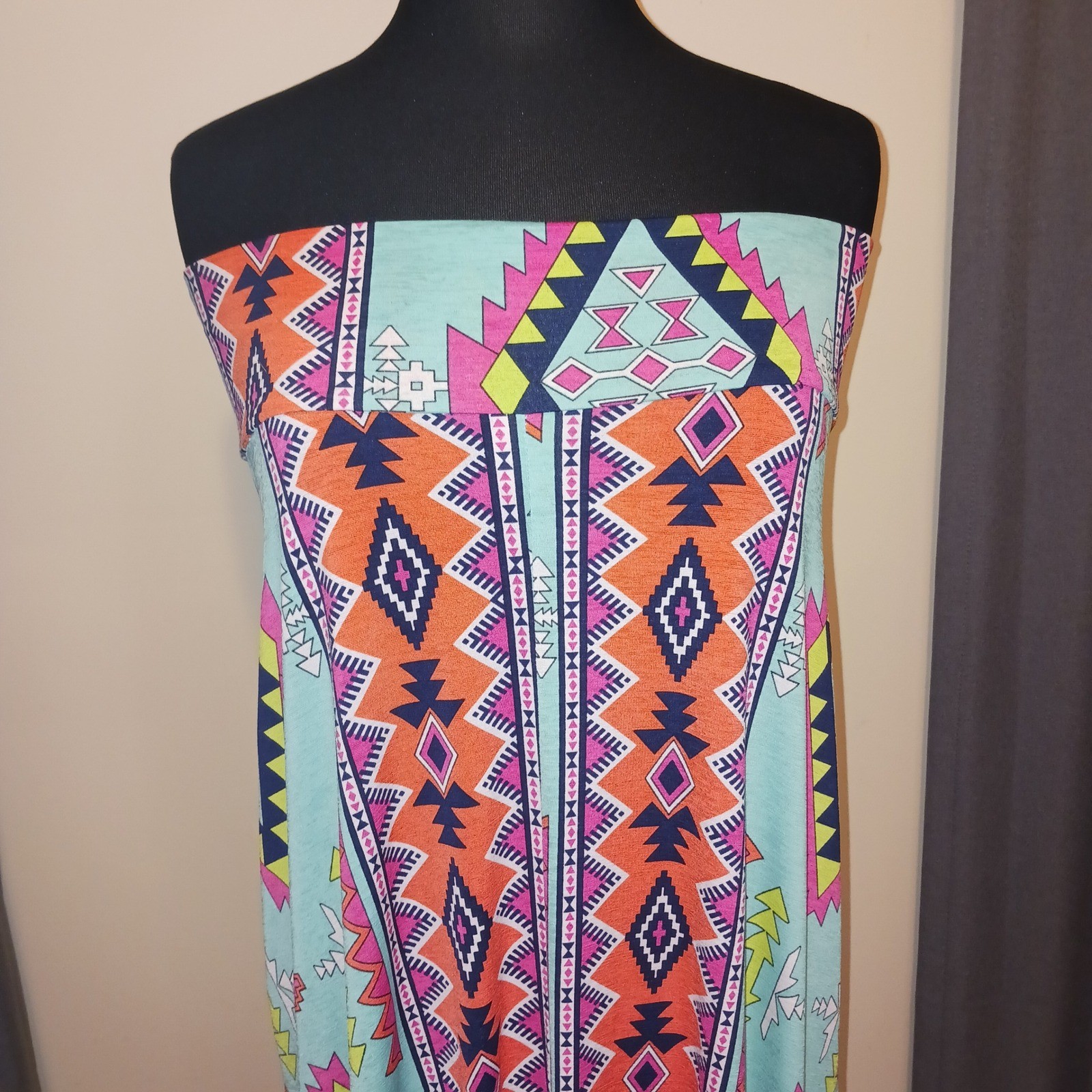 HERSHE Boho Tribal Aztec Bohemian Strapless Maxi Dress Foldover Skirt Xl