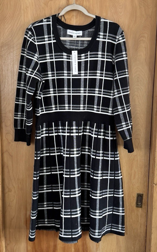 Emma & Michele Women’s Black Grey Check Mid Length Dress Size XL NWT