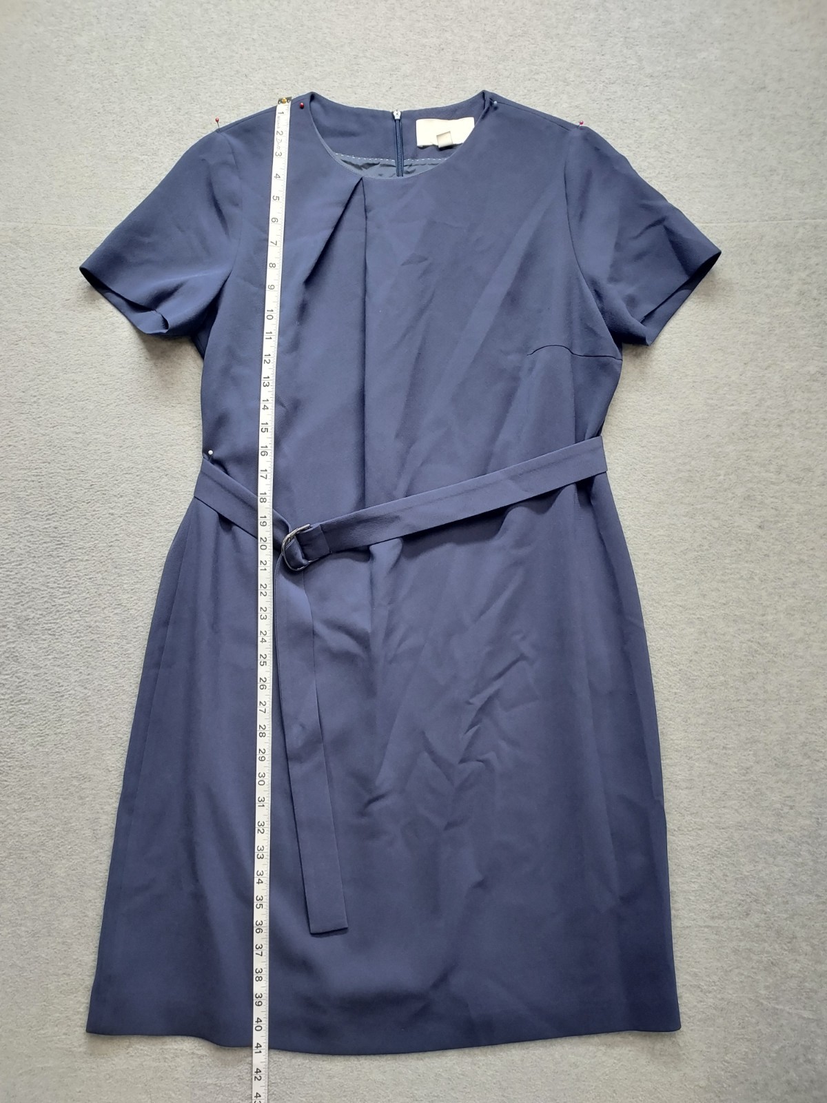 Hugo Boss Women Shift Dress 12 Blue Back Zipper Tie Waist Short Sleeve Cocktail